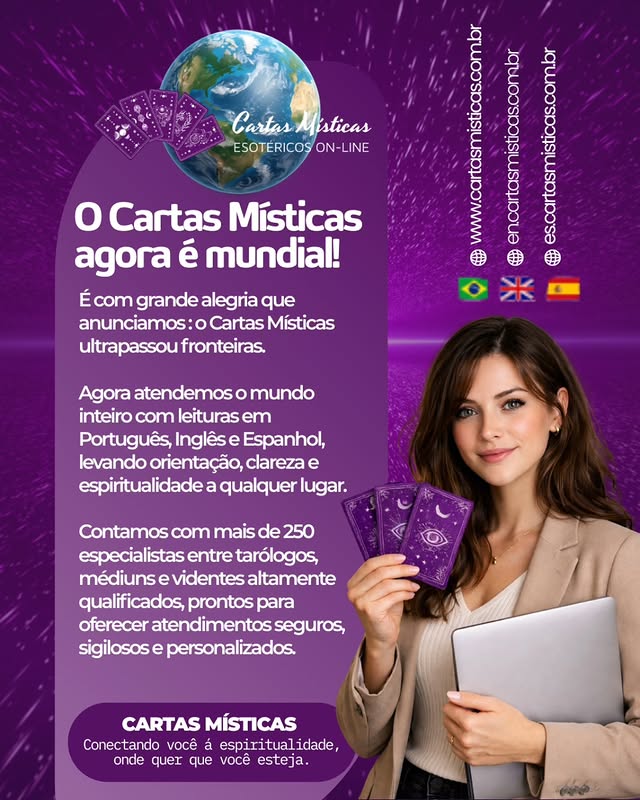 Cartas Místicas agora é mundial — atendimentos em Português, Inglês e Espanhol